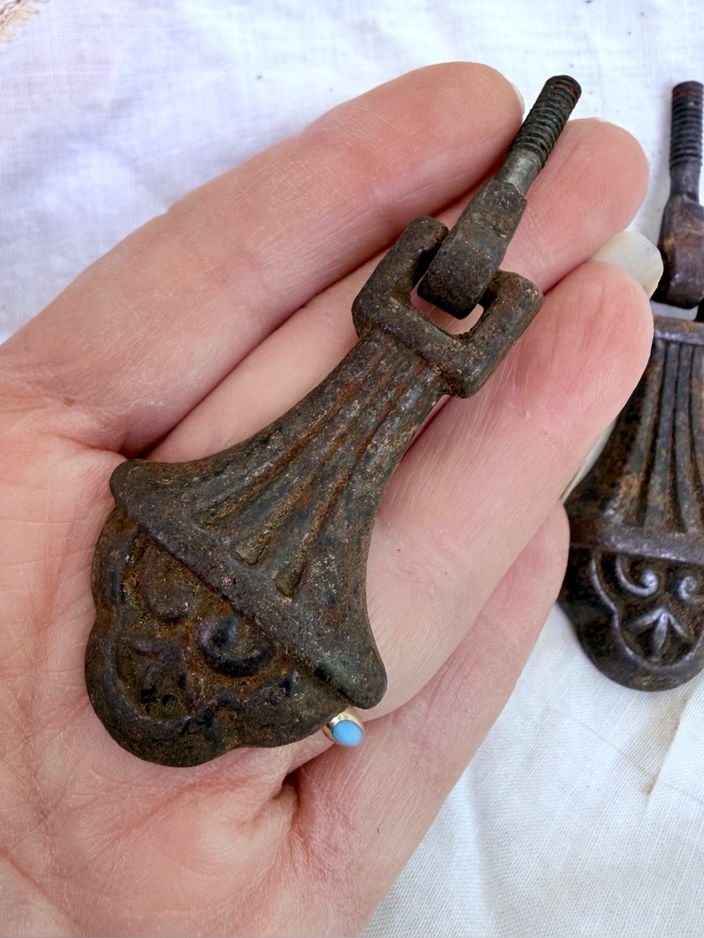 Antique German Heavy Cast Metal Drawer Pulls (Pair) - Picture 4 of 9